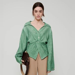 Nanushka IDRIS Pleated twist front shirt- Metallic Green